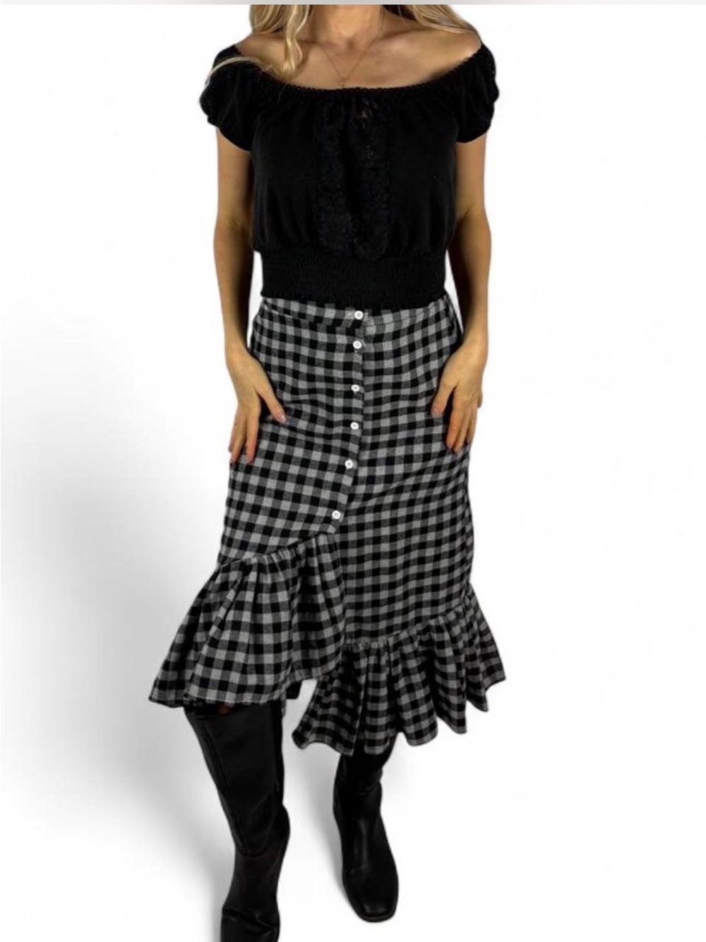 Vintage cotton flannel button up retro checkered ruffled midi skirt Whimsigoth